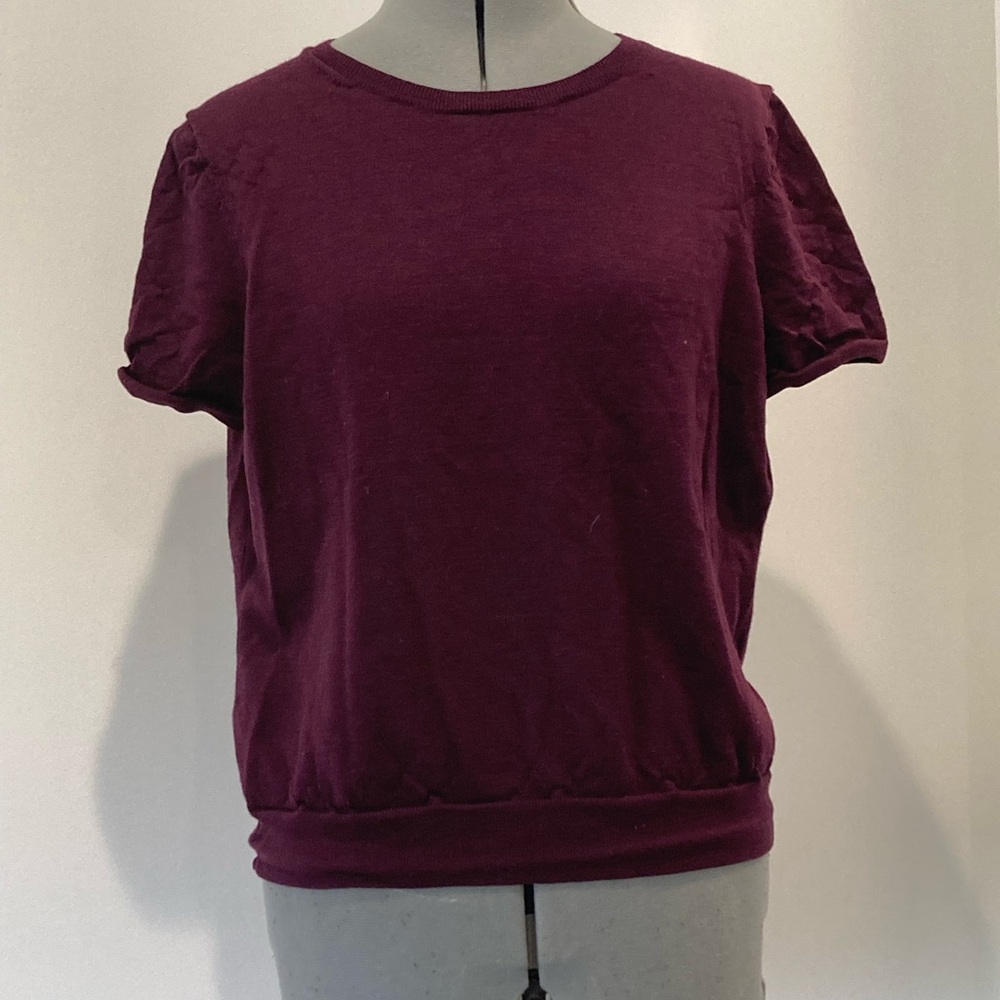 Brooks Brothers Saxxon Wool Short Sleeve Knit Top in Burgundy, Size L